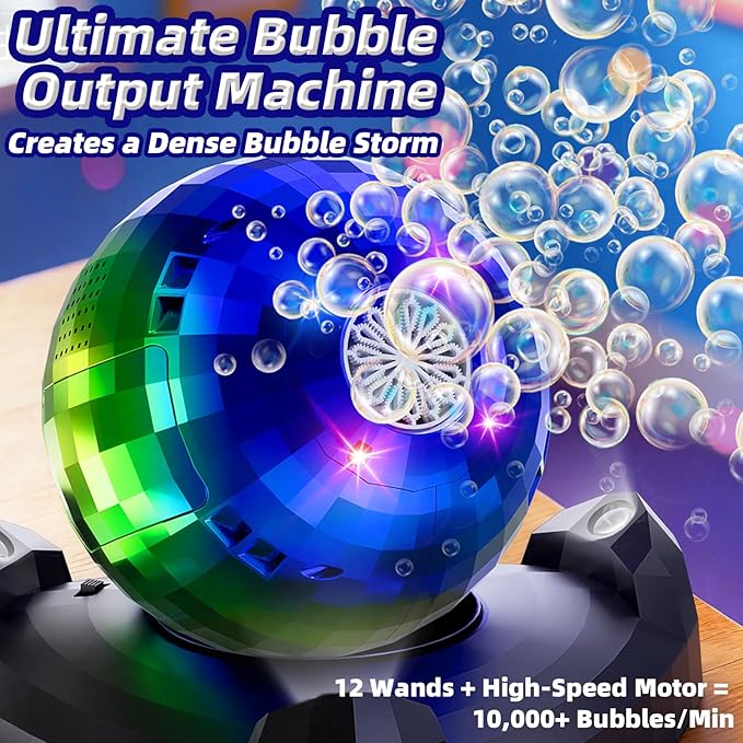 Bubble Machine for Kids & Toddlers 1-3, Automatic Disco Bubble Blower Maker with Bubble Solution, LED Lights & 360° Rotation, 10000+ Bubbles Per Min, Outdoor Game Toy for Easter Birthday Party