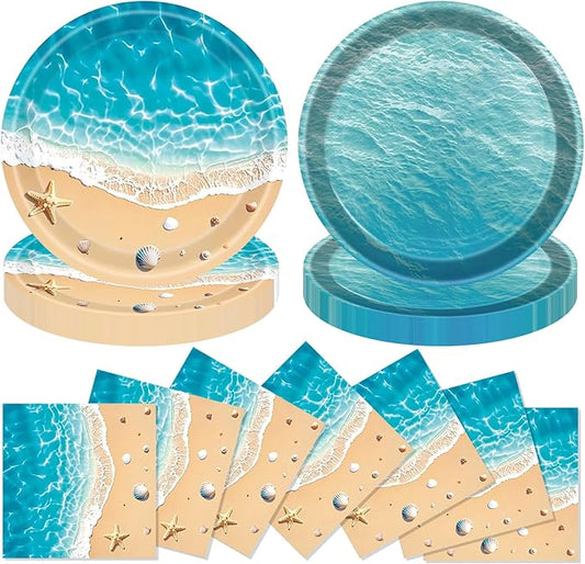 40 Pcs Summer Beach Plates and Napkins,Ocean Waves Desserts Plates and Beach Themed Party Supplies,Ocean Sea Birthday Plates Napkins Tableware Set for Luau, Tropical Pool Party Decorations