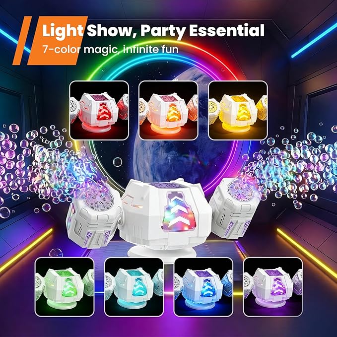 GoGonova Bubble Machine, 30000+ Bubbles/Min Rechargeable Kids Bubble Machine, Big Bubble Blower Maker, 360° Auto Rotation & 2 Speeds, 7-Color LED Lights, Mecha Overlord