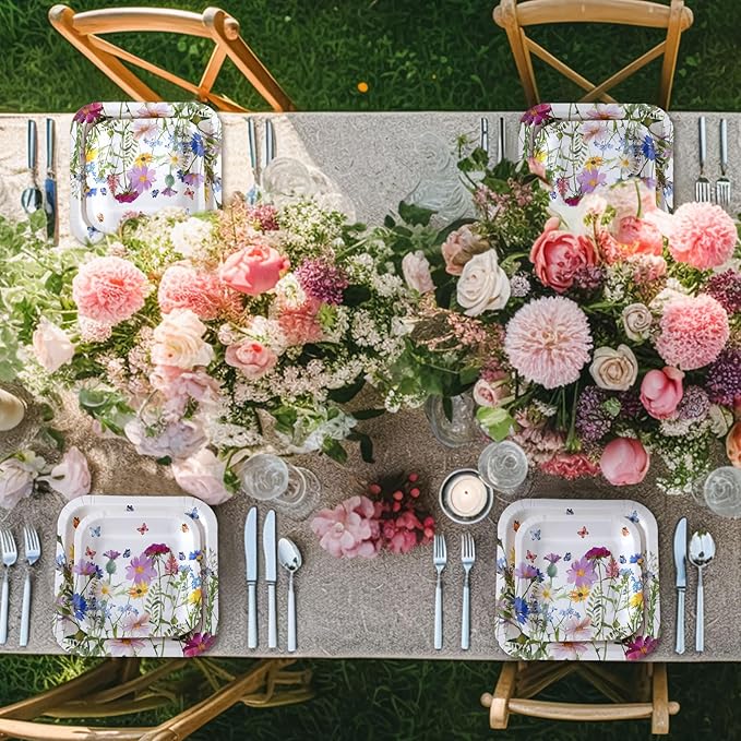 Umigy 100 Pcs Paper Plates Flower Dinner 9'' Floral Disposable Paper Plates 7'' Square Dessert Set for Dinner Birthday Wedding Baby Shower Party Tableware(Sweet Color,Wildflower)