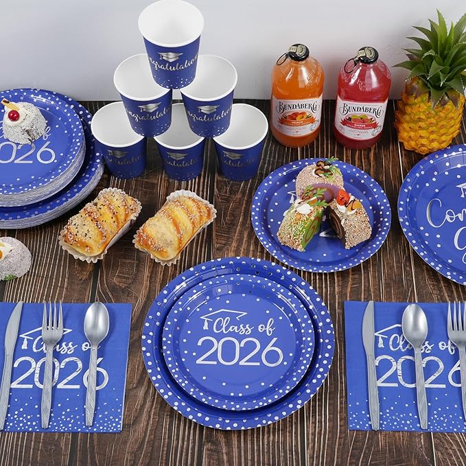 175pcs Class of 2026 Graduation Plates and Napkins Set, Disposable Paper Plate Set Polka Dots Napkins Cups Knife Fork Spoon for Graduation Party Decorations and Supplies,Serve 25 (Blue Silver)