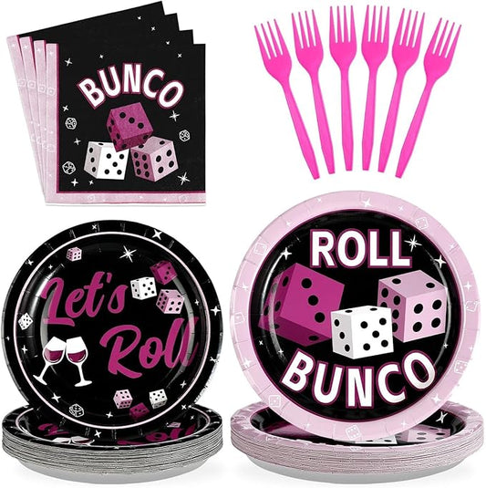 Grencian 96Pcs Bunco Party Supplies Card Game Birthday Party Decorations Pink and Black Bunco Plates and Napkins for Game Night Casino Night Cocktail Let’s Roll Parties Supplies Serves 24
