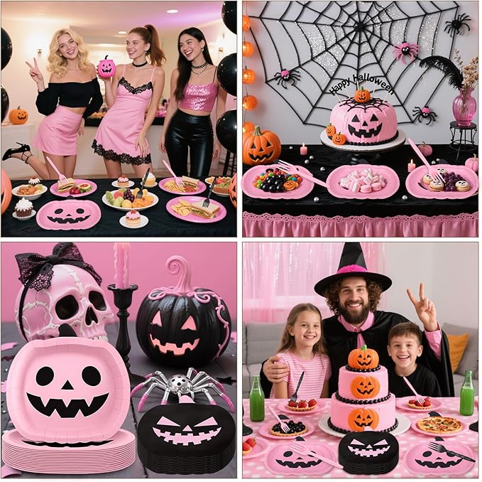 96 Pcs Halloween Paper Plates and Napkins Party Supplies Serve 24, 9" Pink Cartoon Pumpkin Disposable Plates for Halloween Birthday Baby Shower Table Decor