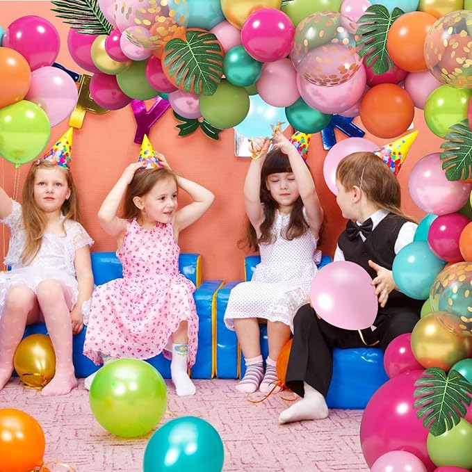 158Pcs Tropical Balloon Arch Garland Kit, Hawaiian Luau Aloha Flamingo Party Decorations Olive Green Hot Pink Orange Rose Gold Confetti Balloons Palm Leaves Birthday Baby Shower Summer Beach Supplies