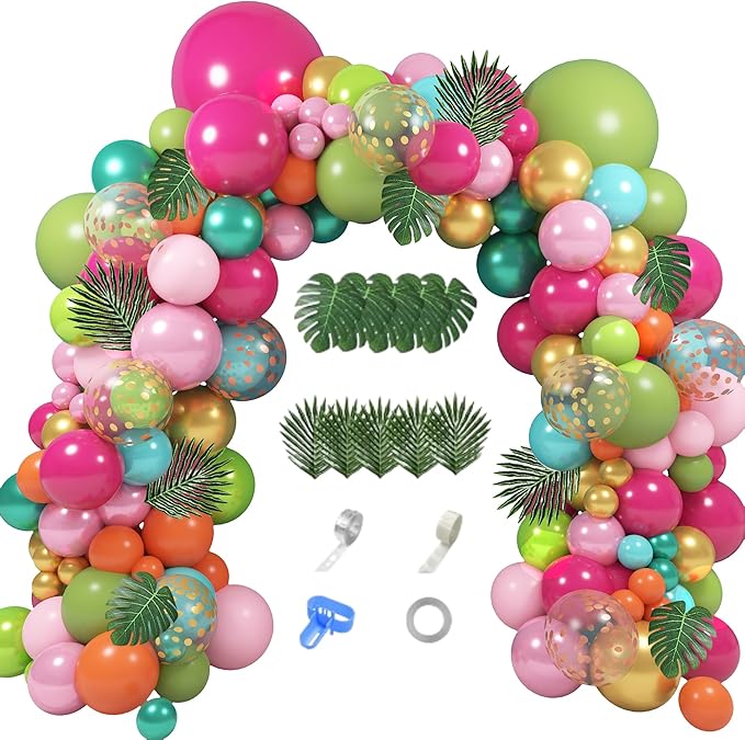 158Pcs Tropical Balloon Arch Garland Kit, Hawaiian Luau Aloha Flamingo Party Decorations Olive Green Hot Pink Orange Rose Gold Confetti Balloons Palm Leaves Birthday Baby Shower Summer Beach Supplies