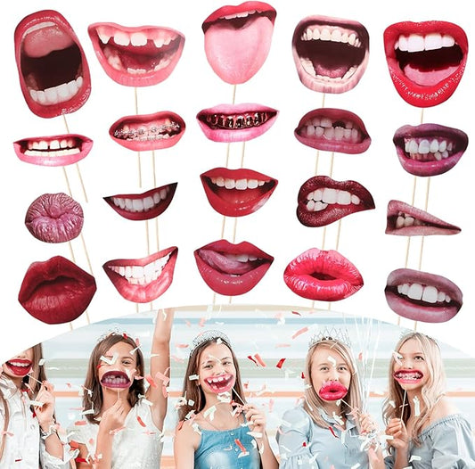 cobee Party Photo Booth Props, 20pcs Funny Mouth Lips Photo Booth Prop with Wood Stick Novelty Selfie Handheld Props for Carnival, Wedding, Birthday, Graduation, Party, Halloween Accessories(Style A)