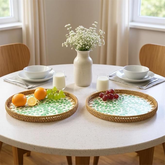 Round Rattan Tray with Mother of Pearl Inlay, Handwoven Wicker Coffee Table Serving Basket Tray for Fruit Snack Party Picnic Cafe Bedroom Kitchen Home Decor Set of 2 (Green Willow)
