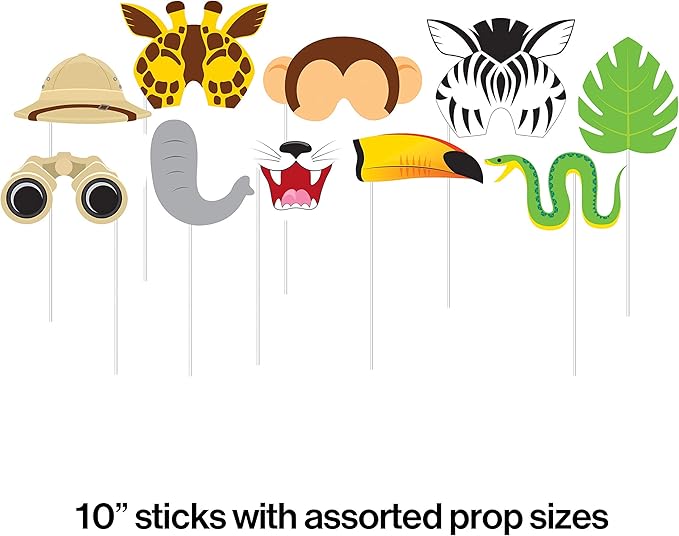 Creative Converting Assorted Photo Booth Jungle Animals Party Props (10 Piece), One size, Multicolor
