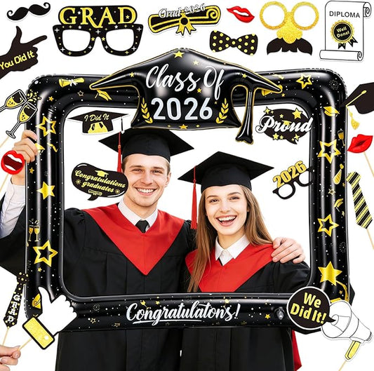 2026 Graduation Photo Booth Props Set Including Inflatable Photo Booth Frame and 20 Pcs Graduation Photo Props for Graduation Decorations Graduation Party Favors Supplies