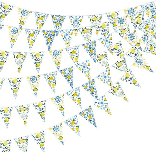 6 Pack Blue Tiles Lemon Party Banner Capri Lemon Pennant Banner Pre-Strung Summer Lemonade Triangle Flag Bunting Garland for Wedding Birthday Bridal Shower Bachelorette Party Decorations