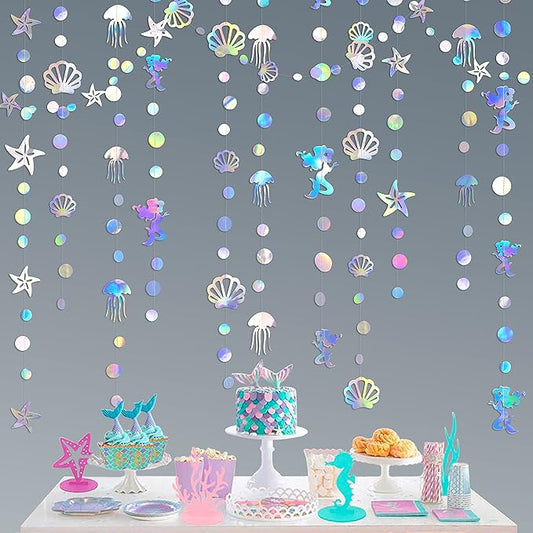 40 Ft Iridescent Mermaid Garland with Jellyfish Seashell Starfish Pearl Holographic Paper Streamer for Little Mermaid Rainbow Theme Birthday Bachelorette Baby Shower Under the Sea Party Decorations