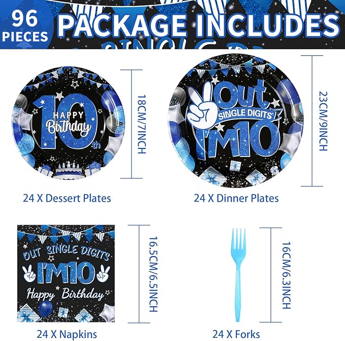 96 Pcs 10th Birthday Decorations for Boys 350 GSM Blue and Black 10th Birthday Plates and Napkins Disposable Out Single Digits I'm 10 Tableware Set for Kids 10 Year Old birthday Decorations Serves 24
