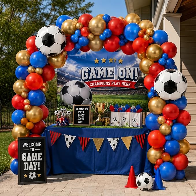 Soccer Balloons, 12 Inch Red and Blue Metallic Gold Latex Balloons with Soccer Ball 4D Foil Balloon for Boys Kids Sport Theme Birthday Decorations Football Lover Men Party Baby Shower Decor Supplies