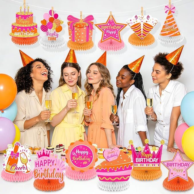12Pcs Orange Pink Birthday Decorations Honeycomb Centerpieces for Women Girls, Orange Pink Happy Birthday Table Centerpieces for Kids Adults Birthday Gift Table Topper Sign Decor Party Supplies