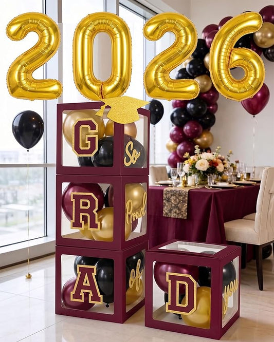 Maroon Black and gold Decorations 2026 Set of 4 Graduation Balloon Boxes with Balloon Arch Garland Kit So Proud of You 2026 Graduation Party Decorations