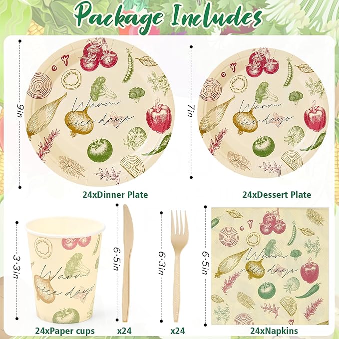 144Pcs Vegetable Birthday Party Supplies Decorations Paper Plates Napkins Vintage Party Tableware Disposable Dinnerware Set for Kids Birthday Baby Shower Table Decor, Serve 24