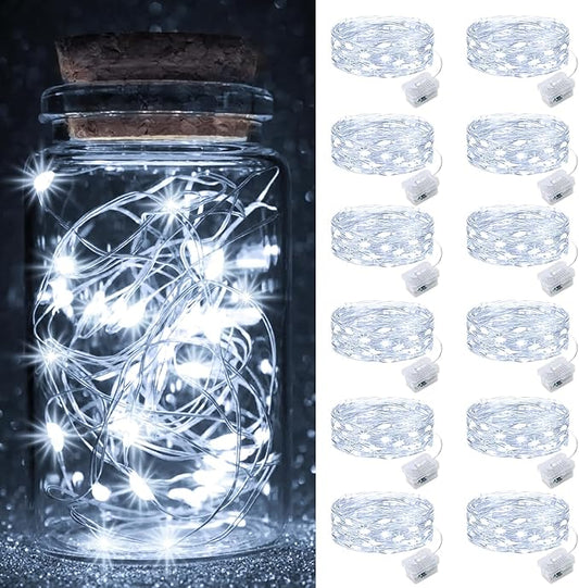 pozzolanas 12 Pack White Fairy Lights Battery Operated 3 Modes 7FT 20 LED Waterproof String Lights Twinkle Silver Wire for Mason Jars Wedding Christmas Halloween Part Decor (12, White)