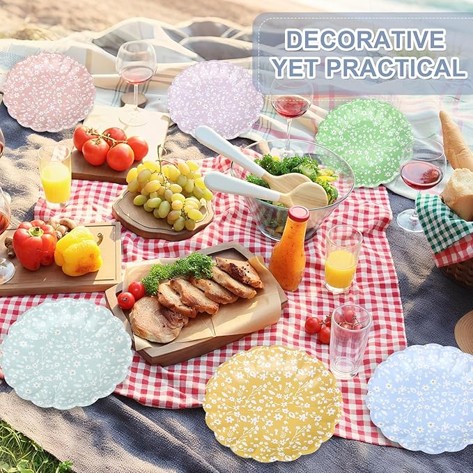Yungyan 30 Pcs Ditsy Floral Paper Plates - 9.5'' Ditsy Scalloped Disposable Party Paper Plates Rainbow Scalloped Dessert Tableware for Christmas Winter Wedding Birthday Baby Shower Party Supplies