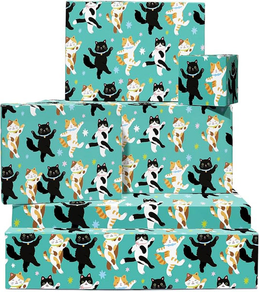 CENTRAL 23 Dancing Cats Wrapping Paper - 6 Sheets Gift Wrap for Cat Lovers Kids or Friends - Birthday Party Theme - Cute Black and White Cats Dancing Teal - Recyclable - Comes with Tags