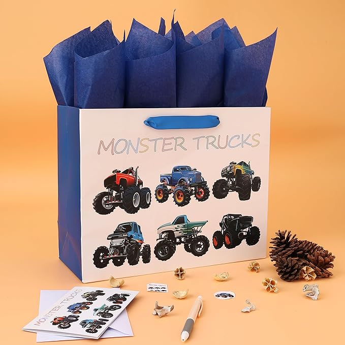 16.5” Extra Large Truck-themed Gift Bags Set with Greeting Card and Tissue Paper (Monster Trucks Design) for boys, Kids Birthday Party,Baby boy,Baby Shower,Newborn,New Moms or Parents