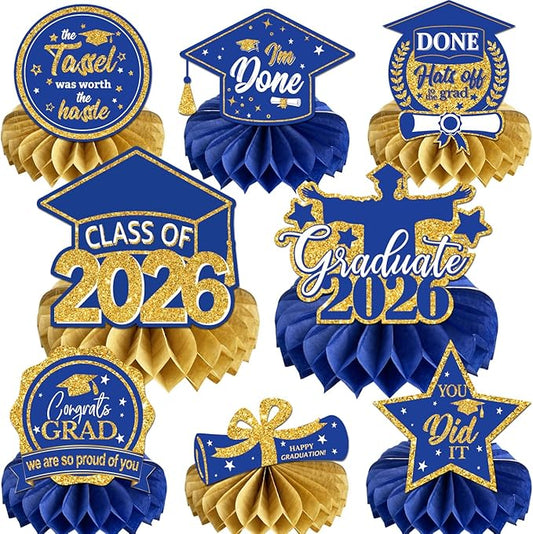 Graduation Decorations Class of 2026 Blue Congrats Grad Honeycomb Centerpieces Congratulate Graduation Table Toppers for Graduation Party Supplies (Blue Gold)