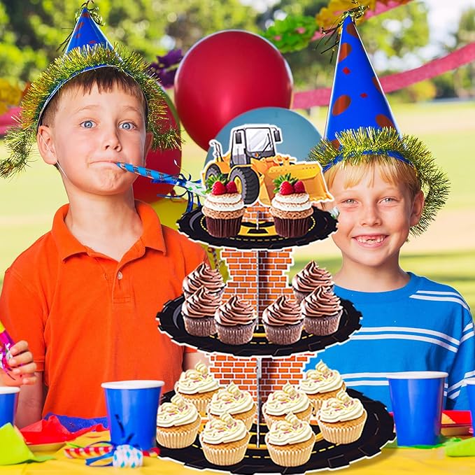 Construction 3-Tier Cardboard Cupcake Stand Dessert Display Tower Holder for Construction Birthday Party Supplies