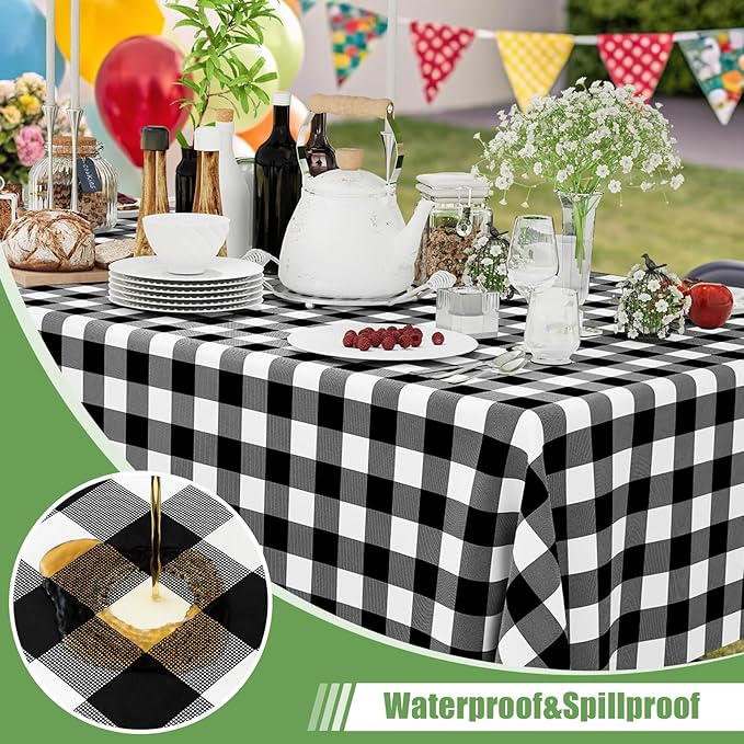 Smiry 6 Pack Black Gingham Disposable Tablecloths - 54" x 108" Heavy Duty Plastic Table Cloth, Waterproof Buffalo Plaid Table Covers for Picnic, Banquets, Outdoor Parties