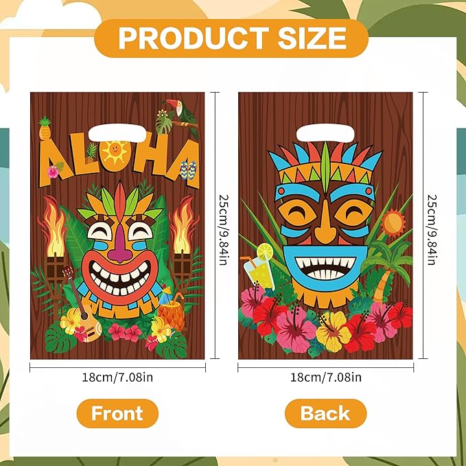 MOIZYNG 50Pcs Hawaiian Gift Bags with Handles, Tropical Floral Aloha Tiki Luau Plastic Candy Treat Goodie Bags for Hawaii Summer Beach Pool Birthday Party Favors Supplies