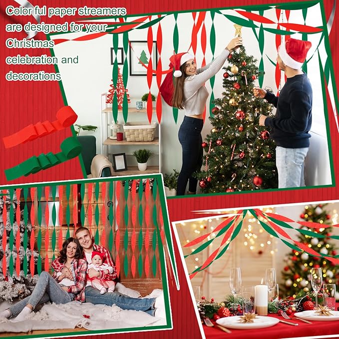 Sherr 24 Rolls Crepe Paper Streamers Hanging Party Decoration Holiday Streamers for Arty Decorations, Birthday Decorations, Wedding Decorations (Red, Green,1.8 Inch x 98 Feet)