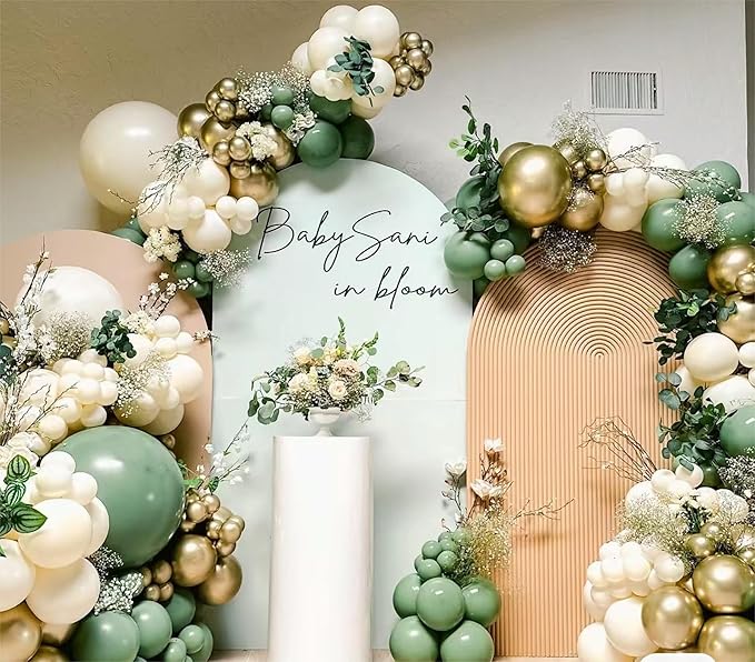 MEBAY Sage Green White Gold Balloon Garland Arch Kit, 146Pcs Latex Balloons Different Sizes 18 12 10 5 Inch for Birthday Baby Shower Gender Reveal Wedding Party Decoration