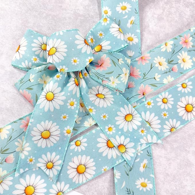 Spring Daisy Wired Edge Ribbon, 2.5 Inch Turquoise Blue with White Pink Floral Printed Ribbon, 4 Rolls for Birthday Wedding Bridal Baby Shower DIY Wrapping Mother's Day Party Decor (Turquoise Blue)
