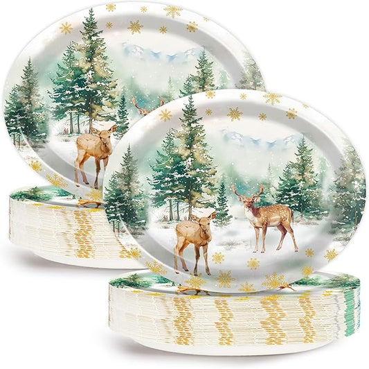 50Pcs Christmas Reindeer Oval Paper Plates 11 Inch Christmas Themed Party Supplies Watercolor Deer Trees Snowflakes Disposable Dinnerware Plates Serving Dish Tray for Xmas Party Supplies Decorations