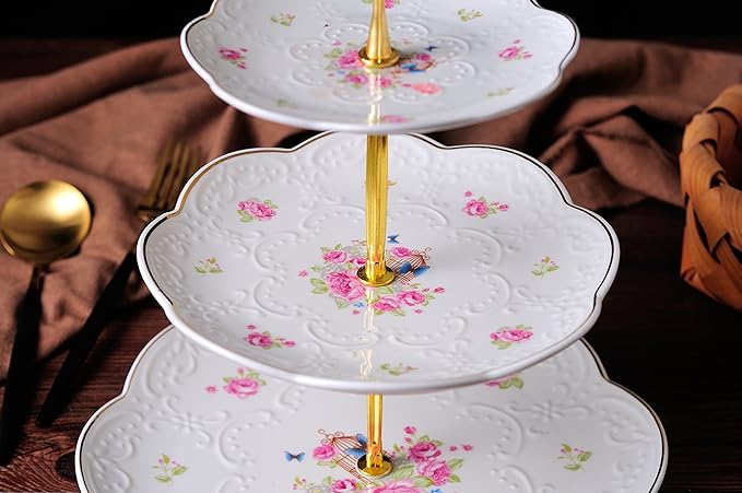 Jusalpha® Elegant Embossed 3-tier Ceramic Cake Stand- Cupcake Stand- Tea Party Pastry Serving Platter in Gift Box and a Free Sugar Tong (FL-Stand 03)