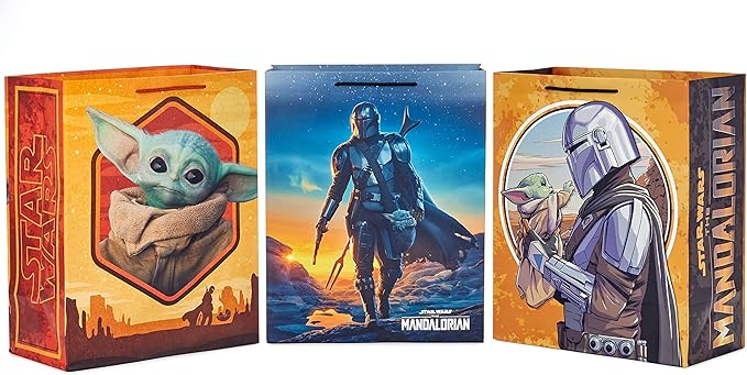 Hallmark Star Wars The Mandalorian 13" Large Gift Bag Bundle (3 Bags: Baby Yoda, The Mandalorian, Grogu) for Birthdays, Christmas, Father's Day, May the 4th