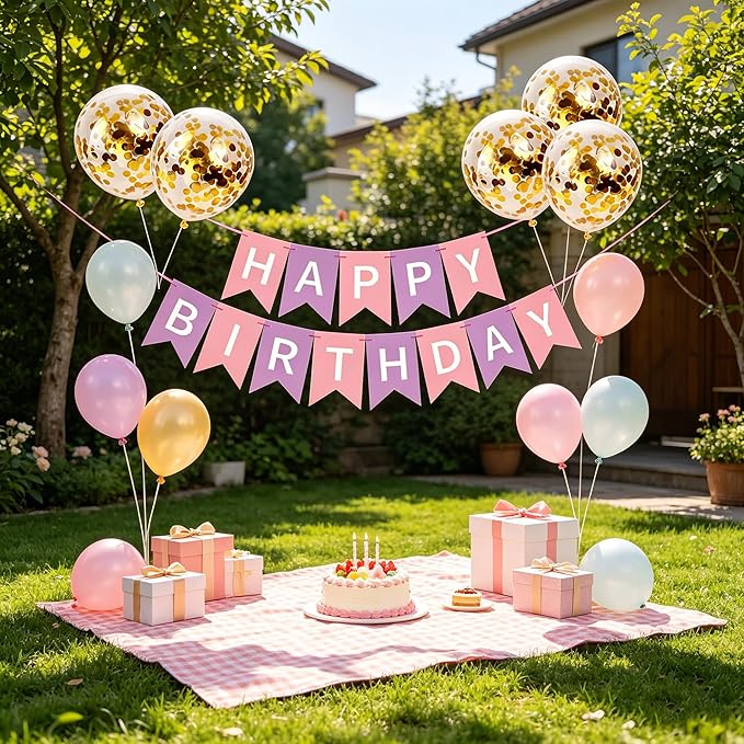 Happy Birthday Banner Sign Bunting Hanging Decorations with Shiny Gold Balloons Birthday Party Sign Decor for Party Supplies(Pink+Purple)