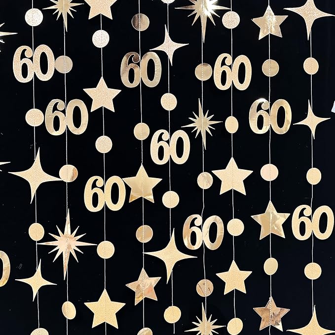 Champagne Gold 60th Birthday Decorations Number 60 Circle Dot Star Garland Metallic Streamer Banner for Women Mens Cheers to 60 Years Old Birthday Happy 60th Anniversary Vintage 1965 Party Supplies