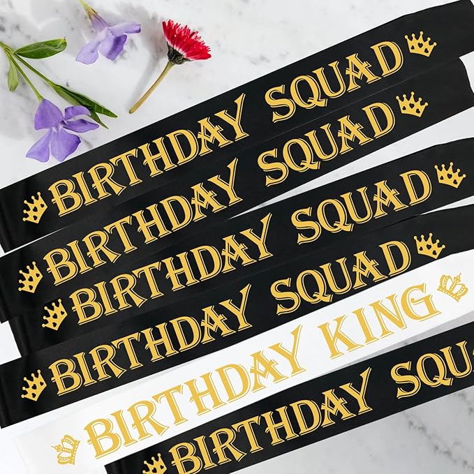 7 Pcs Birthday King Sash and Birthday Squad Sashes Set, Funny Bday Sashes for Men Bday Party Supplies Gifts Favors, Black+White (Gold Letters)