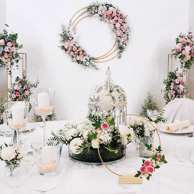 BOUBONI 6 Pcs 12 Inch Metal Floral Hoop Centerpiece with 6 Pcs Wooden Stand for Table Metal Wreath Ring Stand for Centerpiece Table Decorations Wedding Decor Wall Hanging Crafts