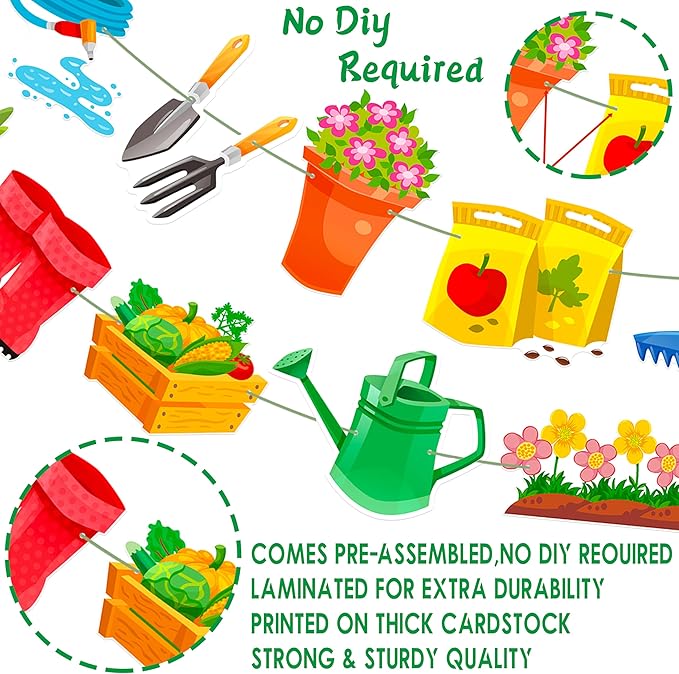 Garden Birthday Party Decorations 3Pcs Gardening Tool Theme Banner Garlands Gardening Birthday Hanging Decorations for Spring Theme Party Supplies