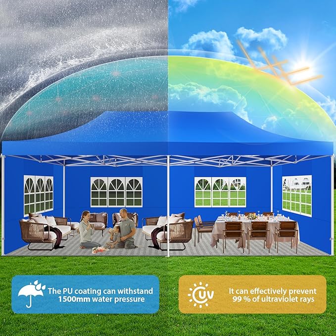 COBIZI 10x20 Heavy Duty Pop Up Canopy Tent with 6 Sidewalls Thicken Frame, Commercial Easy Up Outdoor Wedding Party Tents, All Season Waterproof Windproof with Stakes Sandbags Ropes Roller Bag, Indigo