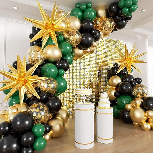 Green and Gold Black Balloon Arch Kit, 201Pcs Explosion Star Emerald Forest Dark Green Metallic Gold Black Balloons Garland for Birthday Baby Shower Jungle Graduation Prom Party Decorations