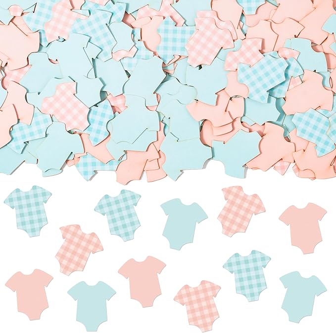 BeYumi Baby Shower Table Confetti - 300Pcs Blue Pink Short-Sleeve Bodysuits Table Confetti Decorations Plaid Baby Outfit Scatter Paper Decor for Baby Girls Boys Gender Reveal Birthday Party Supplies