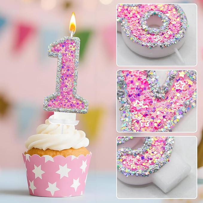 Number 1 Birthday Candle for Cake – Silver Glitter Edge with Pink Star Confetti – Decorative Number Cake Topper for Anniversary & Celebration Party Decor