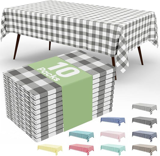 misaya 10 Packs Buffalo Disposable Table Cloth, 54 x 108 Inch Waterproof Plastic Tablecloth, Rectangle Grey and White Checkered Table Covers for Picnic, Birthday, Party