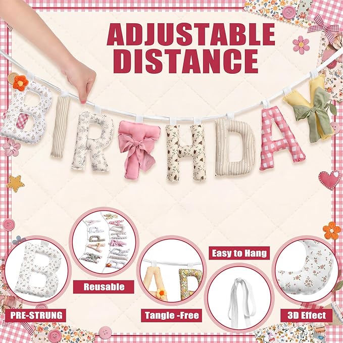 Suncalla Pre-strung Happy Birthday Banner Sign Reusable Felt Happy Birthday Garland Hanging Decorations Party Bunting Garland for Party Decor Photo Pro Home Backdrop (Flower,Flower Colors)