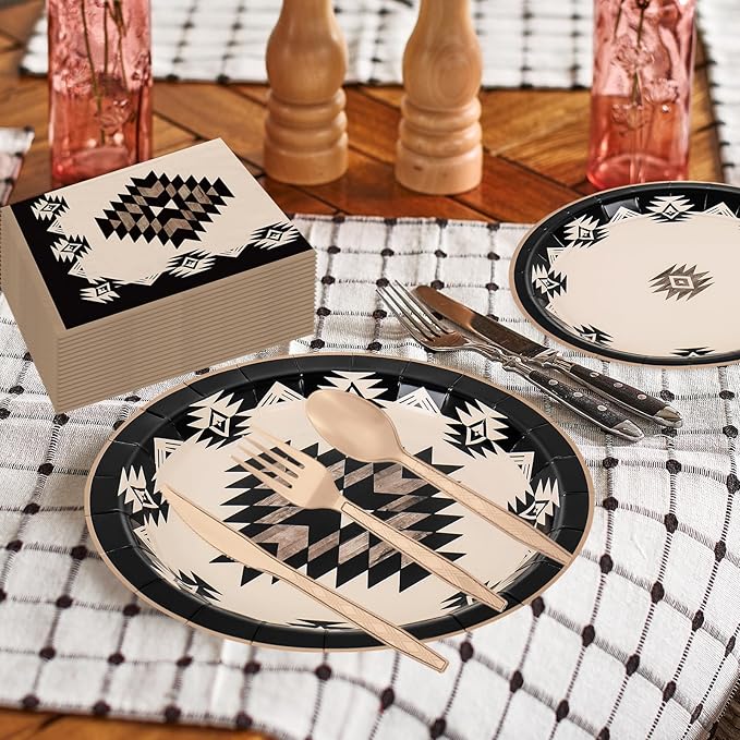 FYSUIMU 150 Pcs Western Theme Tableware Set Simple Modern Aztec Disposable Dinnerware Disposable 7" 9" Plate Paper Napkin Plastic Knives Forks Spoons, Serves 25