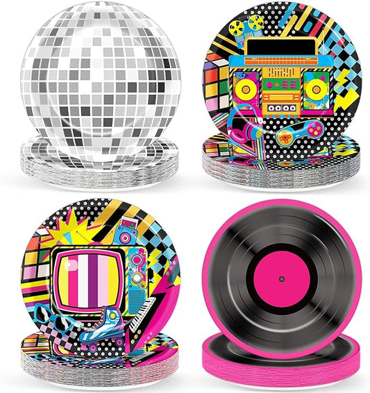 48Pcs Colorful 80s 90s Party Paper Plates 7" Back to 90s 80s Hip Hop Birthday Supplies Retro Music Disco Ball Disposable Dessert Dinner Plates Tableware for Kids Birthday Baby Shower Decoration