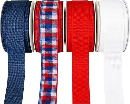 Meseey Wired Ribbon, 1 Inch, Gingham Plaid Buffalo Check, Polyester, 30 Feet, for Easter Spring Christmas Holiday Party Crafts (Red/White/Navy/RWBPlaid, 7/8 Inch)