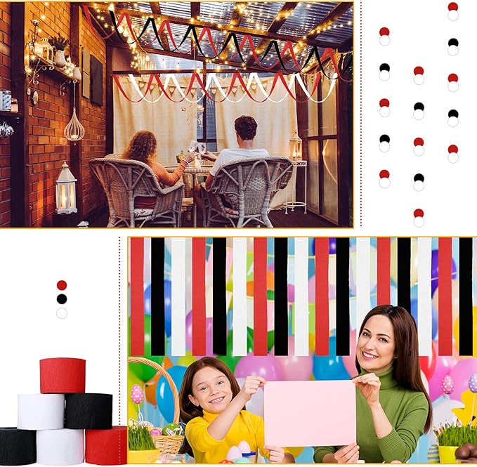 9 Rolls Crepe Paper Streamers Party Decorations 246 Yards in 3 Colors for Xmas Hanging Backdrops Party Decorations Christmas DIY Craft Supplies(Simple Style,Black, White, Red)