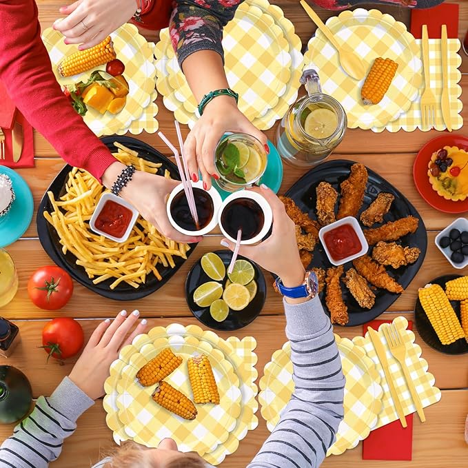 175 Pcs Yellow Scalloped Gingham Party Supplies for 25 Guests, Yellow and White Checkered Paper Plates, Cups and Napkins Sets for Baby & Bridal Shower, Wedding, Birthday Party, Outdoor Picnic